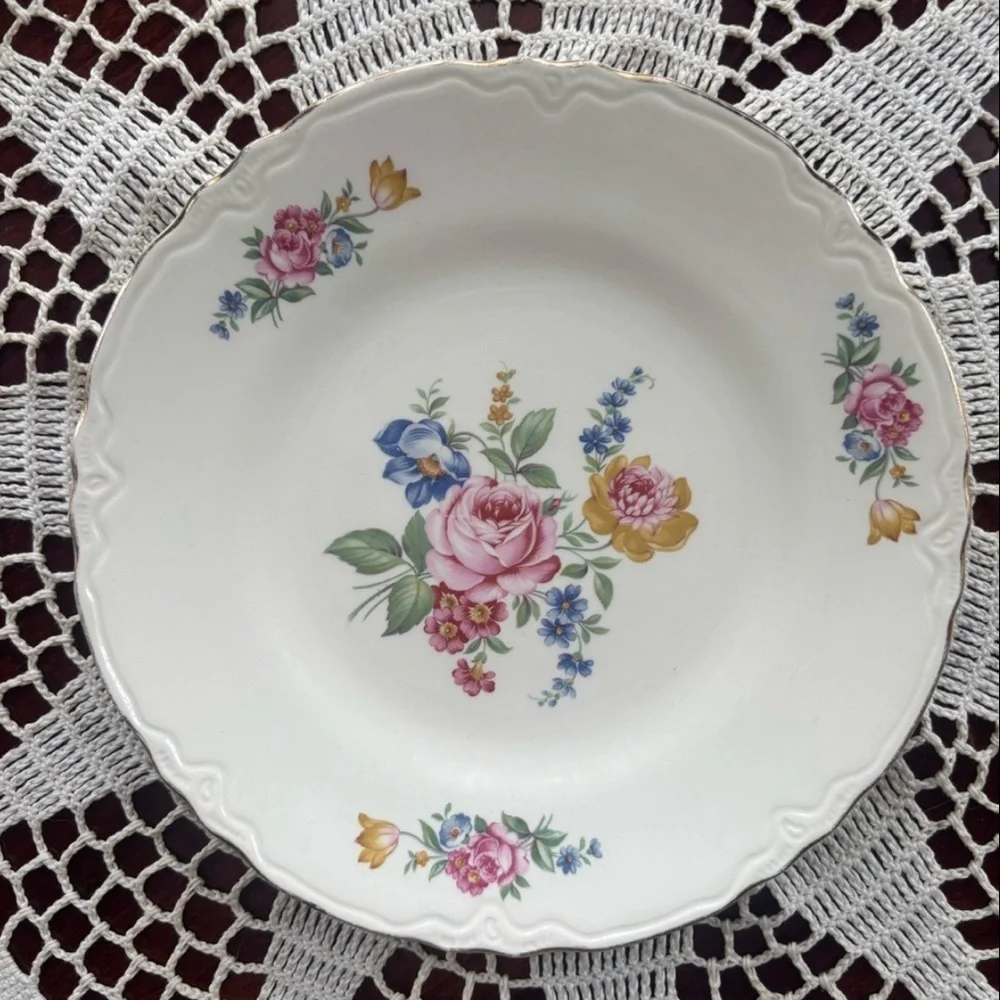 Vintage Floral Plate Scio Ohio Cottage Core White Cream Rose Blue Green Gold Rim
